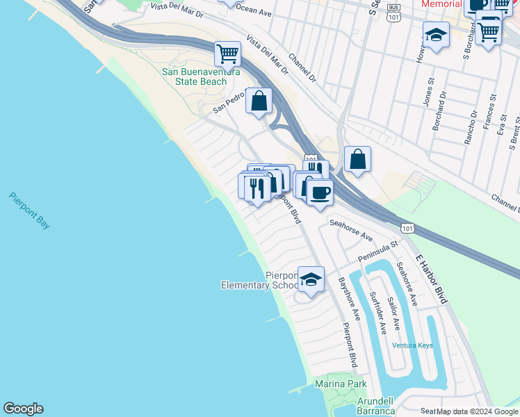 map of restaurants, bars, coffee shops, grocery stores, and more near 1175 South Seaward Avenue in Ventura