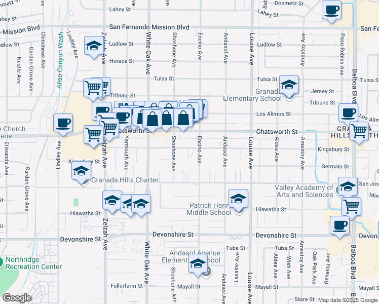 map of restaurants, bars, coffee shops, grocery stores, and more near 17520 Kingsbury Street in Los Angeles