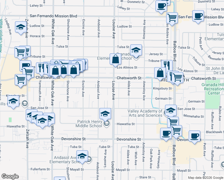 map of restaurants, bars, coffee shops, grocery stores, and more near 17304 Kingsbury Street in Los Angeles