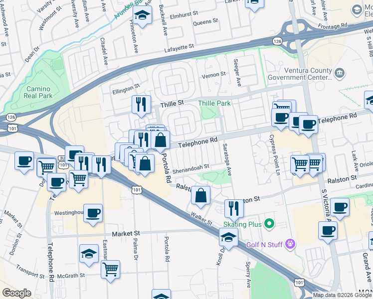 map of restaurants, bars, coffee shops, grocery stores, and more near 1125 Bryce Way in Ventura
