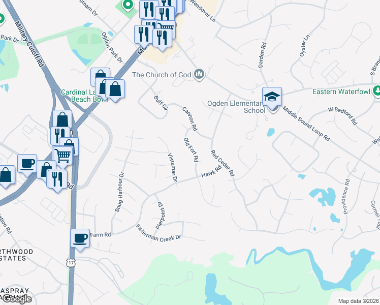 map of restaurants, bars, coffee shops, grocery stores, and more near 6515 Old Fort Road in Wilmington