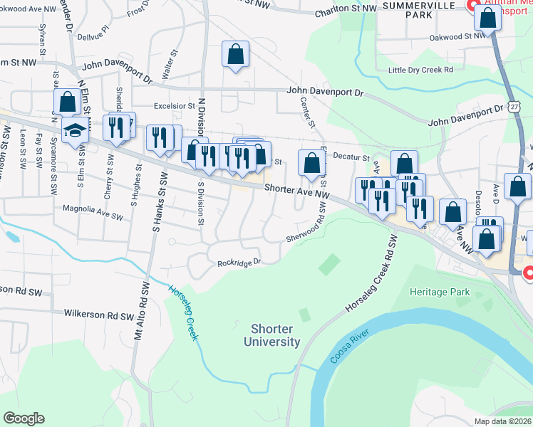 map of restaurants, bars, coffee shops, grocery stores, and more near 207 Sherwood Road Southwest in Rome