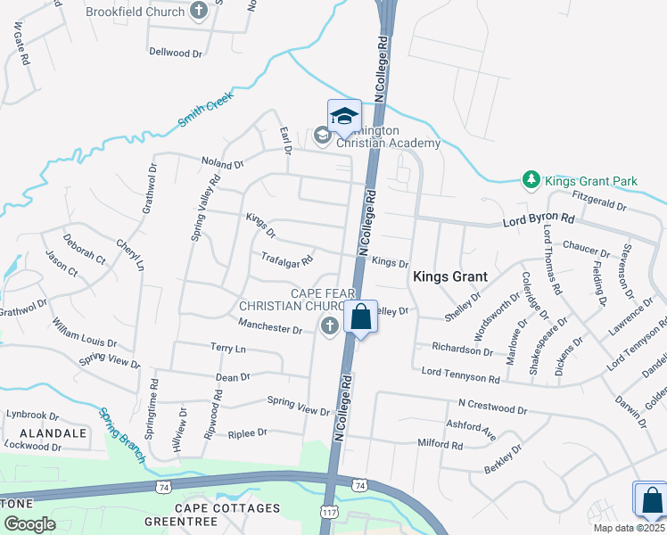 map of restaurants, bars, coffee shops, grocery stores, and more near 1001 Spring Branch Road in Wilmington