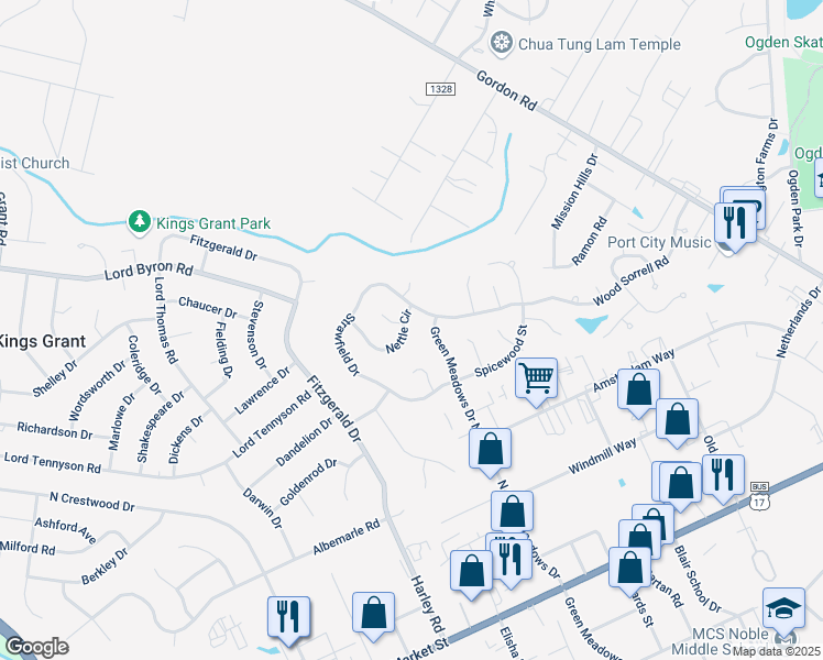 map of restaurants, bars, coffee shops, grocery stores, and more near 6120 Nettle Circle in Wilmington