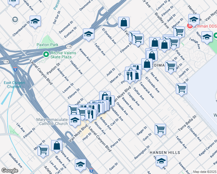 map of restaurants, bars, coffee shops, grocery stores, and more near 13612 Mercer Street in Los Angeles