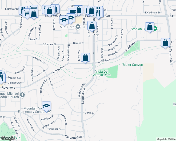 map of restaurants, bars, coffee shops, grocery stores, and more near 3392 Shenandoah Avenue in Simi Valley