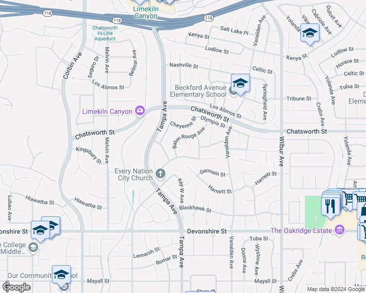 map of restaurants, bars, coffee shops, grocery stores, and more near 10635 Baton Rouge Place in Los Angeles