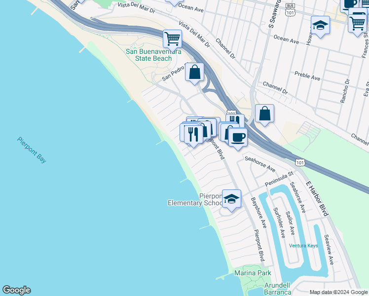 map of restaurants, bars, coffee shops, grocery stores, and more near 1155 Montauk Lane in Ventura