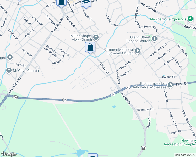 map of restaurants, bars, coffee shops, grocery stores, and more near 614 Milligan Street in Newberry