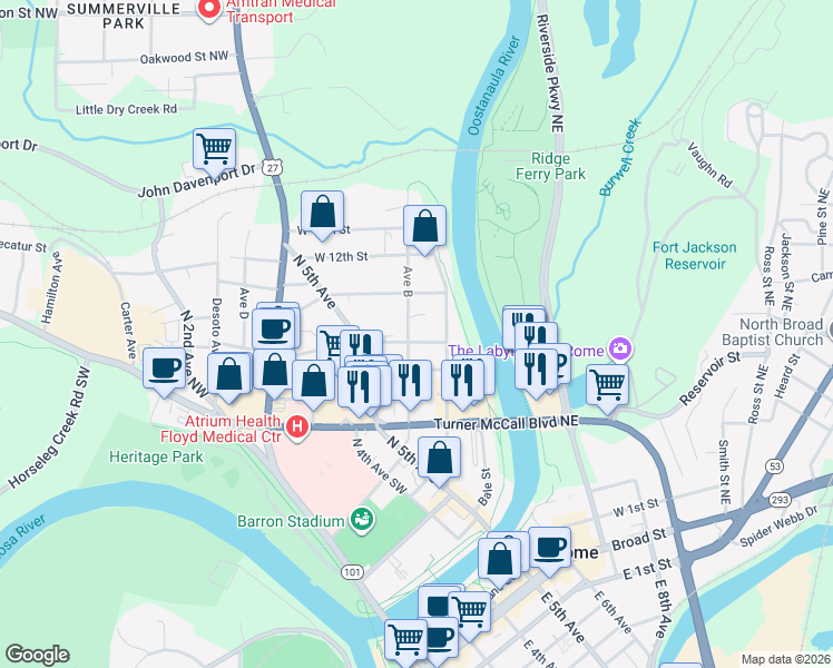 map of restaurants, bars, coffee shops, grocery stores, and more near 603 West 10th Street Northeast in Rome