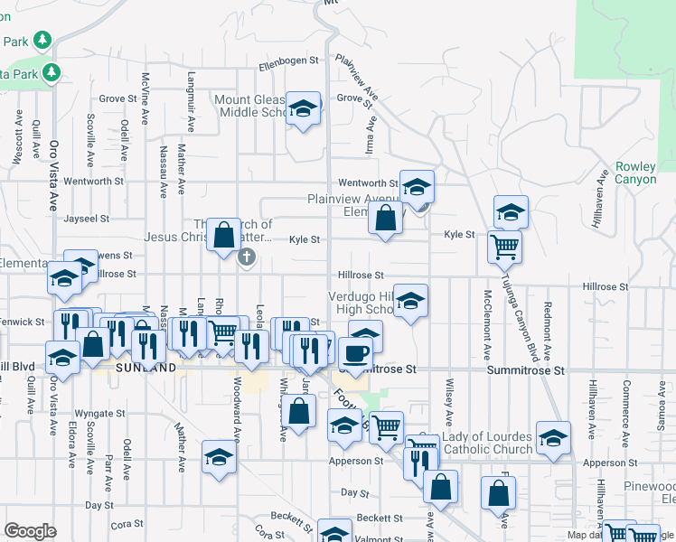 map of restaurants, bars, coffee shops, grocery stores, and more near 7655 Kyle Street in Los Angeles