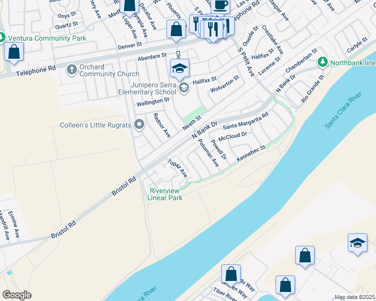 map of restaurants, bars, coffee shops, grocery stores, and more near 8823 Tiber Street in Ventura