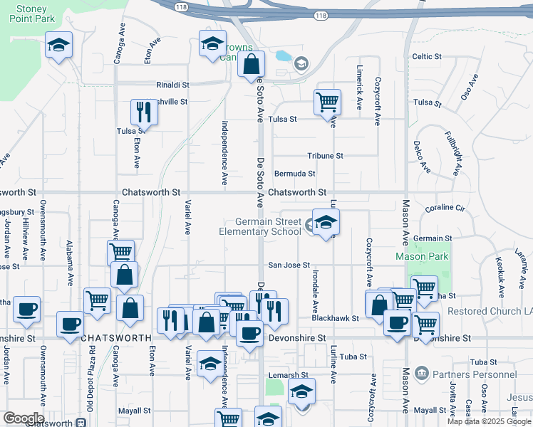 map of restaurants, bars, coffee shops, grocery stores, and more near 20850 Kingsbury Street in Los Angeles