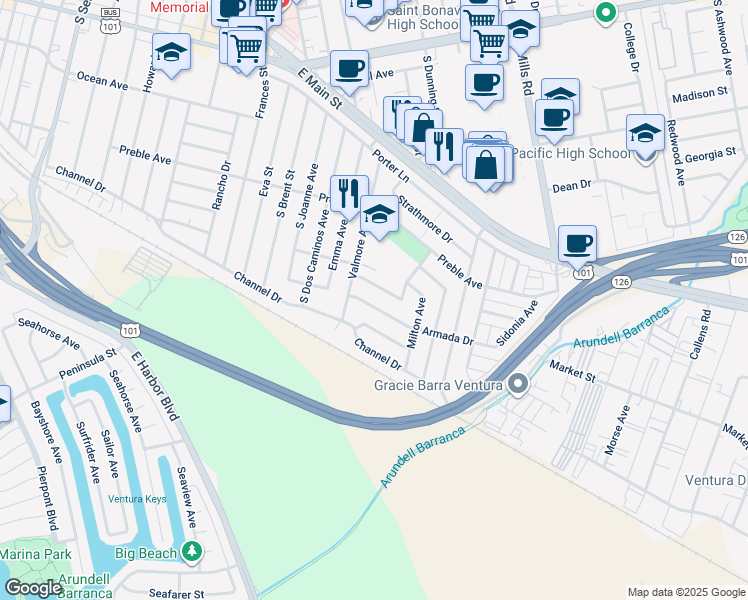 map of restaurants, bars, coffee shops, grocery stores, and more near 3131 Armada Drive in Ventura