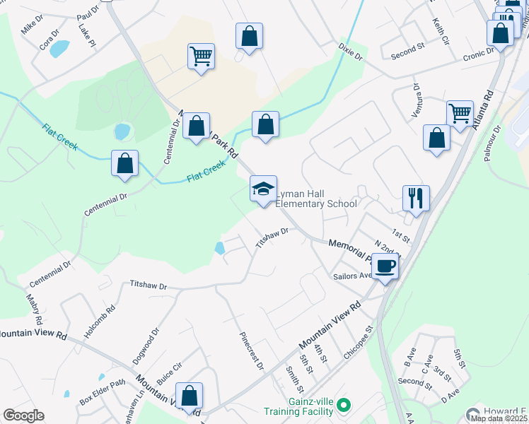map of restaurants, bars, coffee shops, grocery stores, and more near 2150 Memorial Park Drive in Gainesville