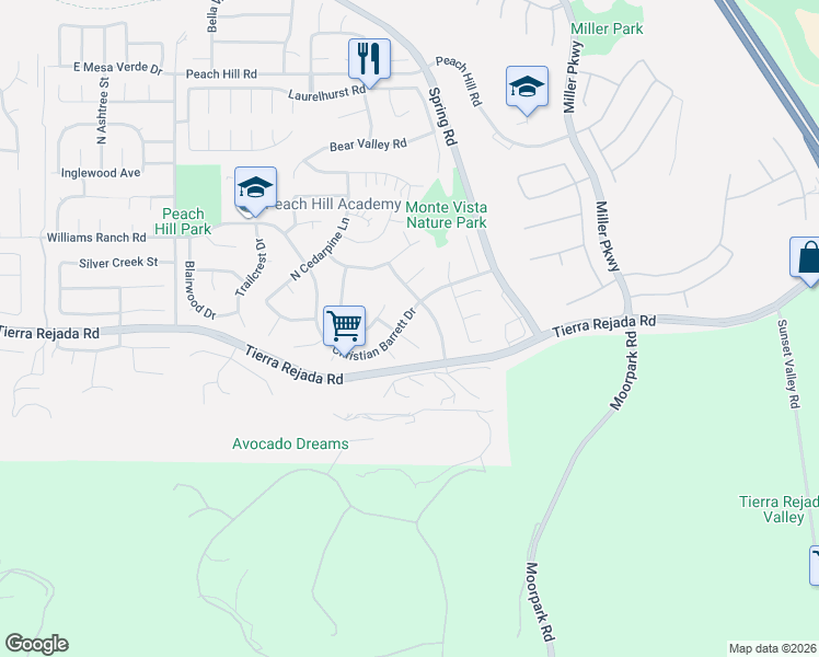 map of restaurants, bars, coffee shops, grocery stores, and more near 3922 Hatfield Court in Moorpark