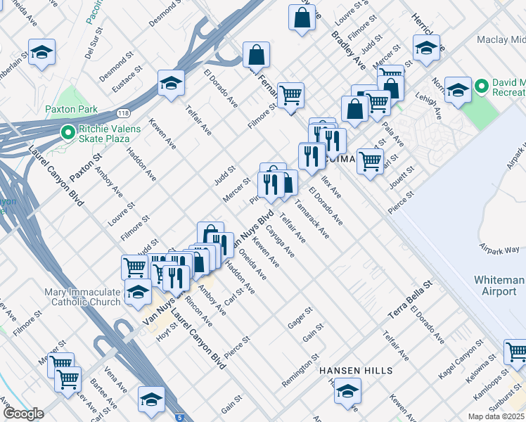 map of restaurants, bars, coffee shops, grocery stores, and more near 13461 Van Nuys Boulevard in Los Angeles
