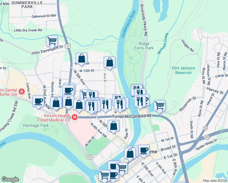map of restaurants, bars, coffee shops, grocery stores, and more near 606 West 10th Street Northeast in Rome