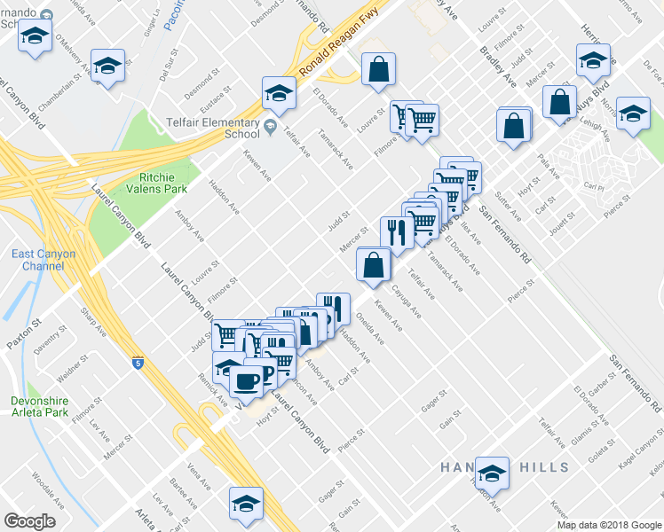 map of restaurants, bars, coffee shops, grocery stores, and more near 13612 Mercer Street in Los Angeles