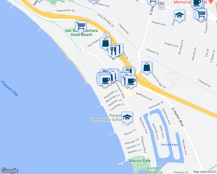 map of restaurants, bars, coffee shops, grocery stores, and more near 1115 Pittsfield Lane in Ventura