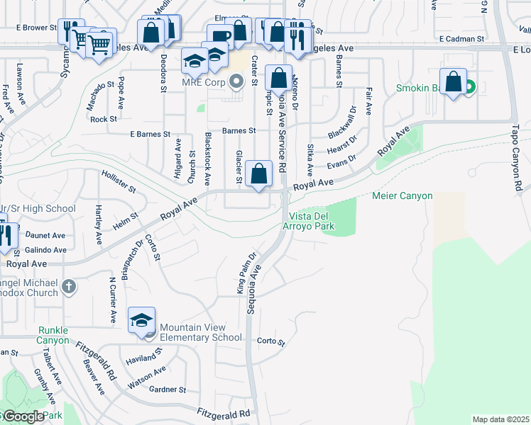map of restaurants, bars, coffee shops, grocery stores, and more near 3392 Shenandoah Avenue in Simi Valley