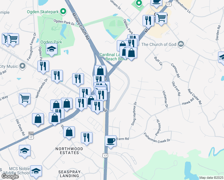 map of restaurants, bars, coffee shops, grocery stores, and more near 111 Military Cutoff Road in Wilmington
