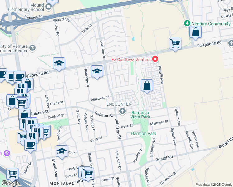 map of restaurants, bars, coffee shops, grocery stores, and more near 1522 Tern Court in Ventura