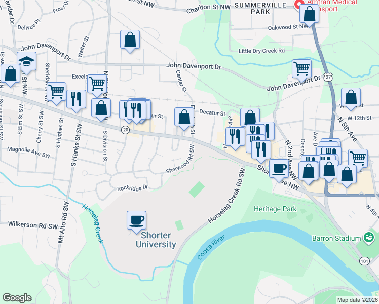 map of restaurants, bars, coffee shops, grocery stores, and more near 6 Sherwood Road Southwest in Rome