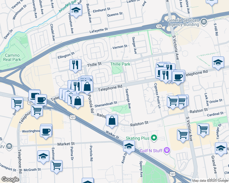 map of restaurants, bars, coffee shops, grocery stores, and more near 1186 Chalmette Avenue in Ventura