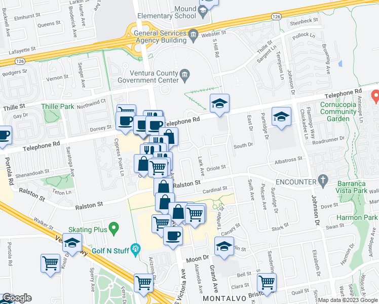 map of restaurants, bars, coffee shops, grocery stores, and more near 6086 Sparrow Street in Ventura