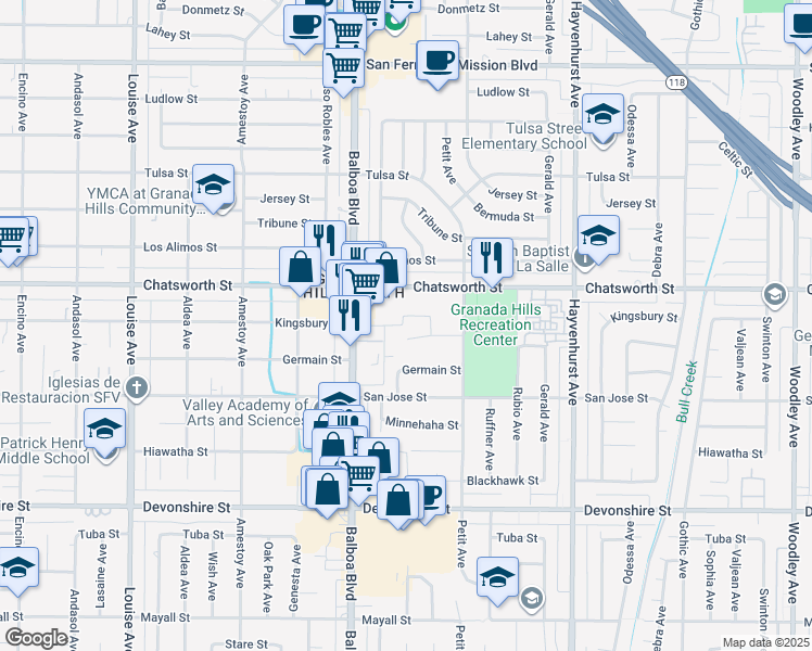 map of restaurants, bars, coffee shops, grocery stores, and more near 16867 Kingsbury Street in Los Angeles