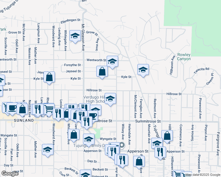map of restaurants, bars, coffee shops, grocery stores, and more near 7625 Hillrose Street in Los Angeles