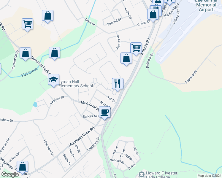 map of restaurants, bars, coffee shops, grocery stores, and more near 2111 Coloums Drive in Gainesville