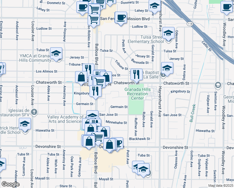 map of restaurants, bars, coffee shops, grocery stores, and more near 16866 Kingsbury Street in Los Angeles