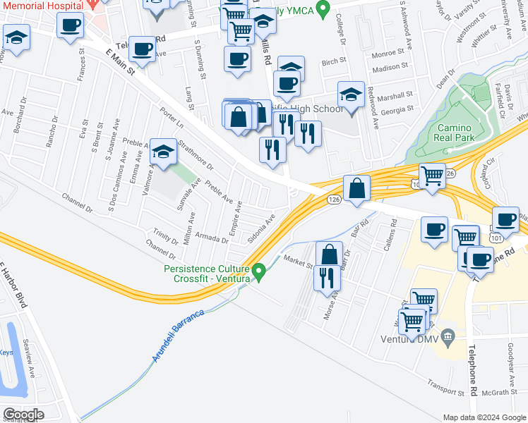 map of restaurants, bars, coffee shops, grocery stores, and more near in Ventura