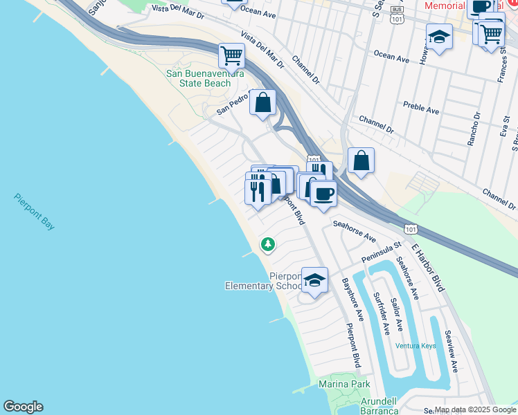 map of restaurants, bars, coffee shops, grocery stores, and more near 1175 South Seaward Avenue in Ventura