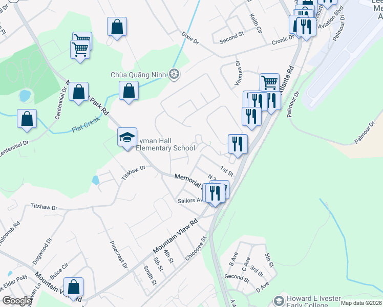 map of restaurants, bars, coffee shops, grocery stores, and more near 2164 Luna Lane in Gainesville