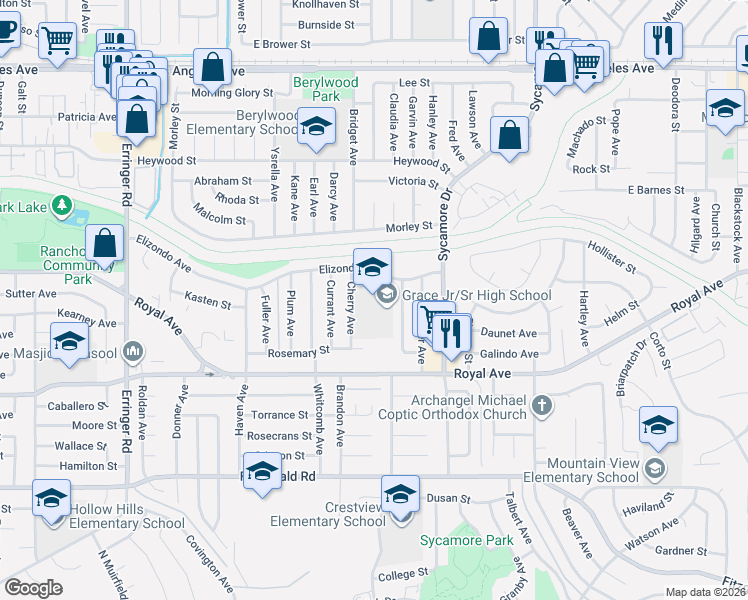 map of restaurants, bars, coffee shops, grocery stores, and more near 1350 Cherry Avenue in Simi Valley