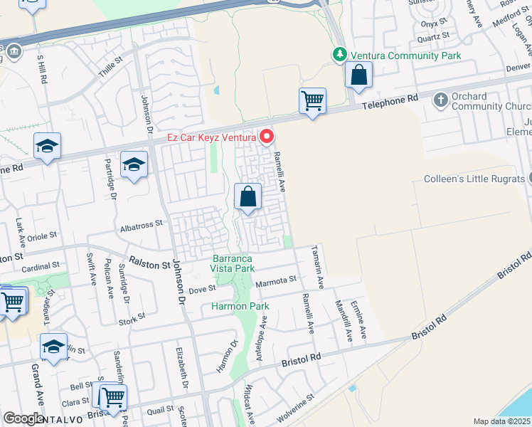 map of restaurants, bars, coffee shops, grocery stores, and more near 1563 Raccoon Court in Ventura