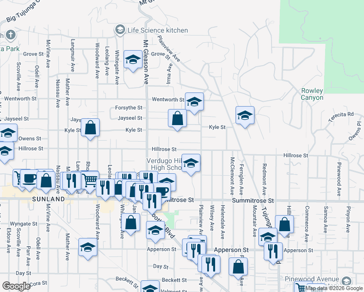 map of restaurants, bars, coffee shops, grocery stores, and more near 7649 Hillrose Street in Los Angeles