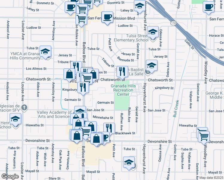map of restaurants, bars, coffee shops, grocery stores, and more near 16815 Kingsbury Street in Los Angeles
