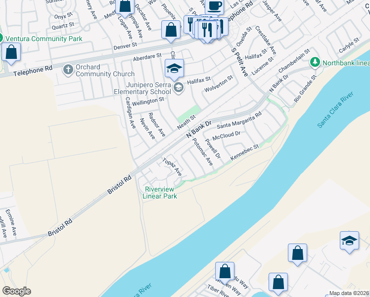 map of restaurants, bars, coffee shops, grocery stores, and more near 8831 Tiber Street in Ventura