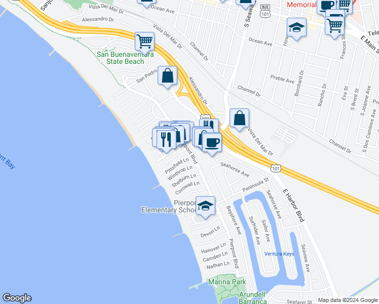 map of restaurants, bars, coffee shops, grocery stores, and more near 2346 Pierpont Boulevard in Ventura