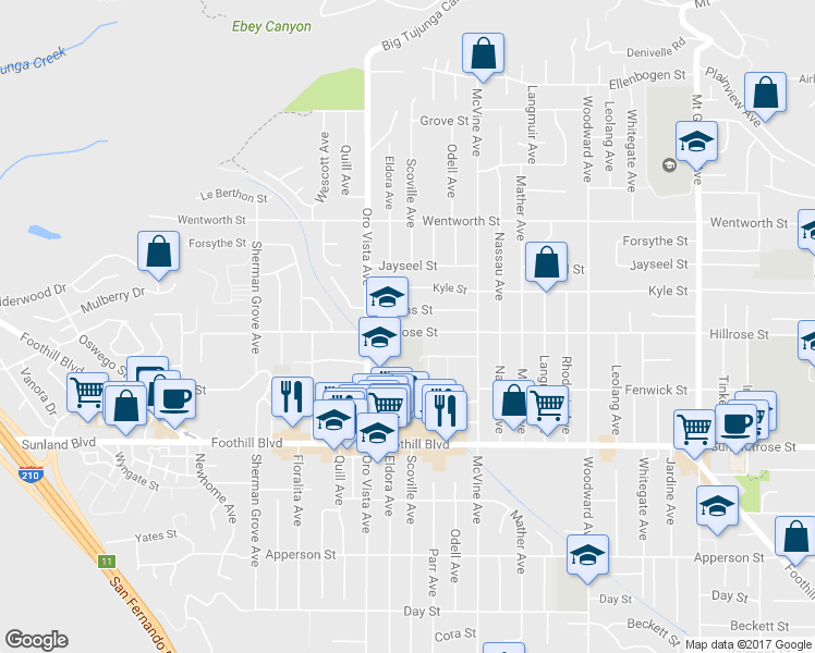 map of restaurants, bars, coffee shops, grocery stores, and more near 8319 Hillrose Street in Los Angeles