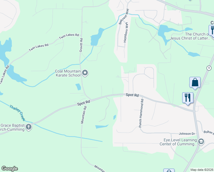 map of restaurants, bars, coffee shops, grocery stores, and more near 3474 Gravitt Rd in Cumming