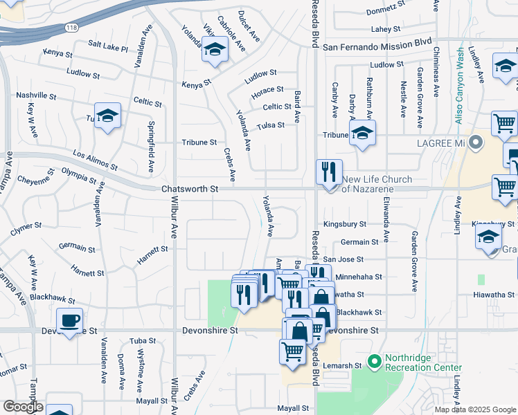map of restaurants, bars, coffee shops, grocery stores, and more near 0 Yolanda Avenue in Los Angeles