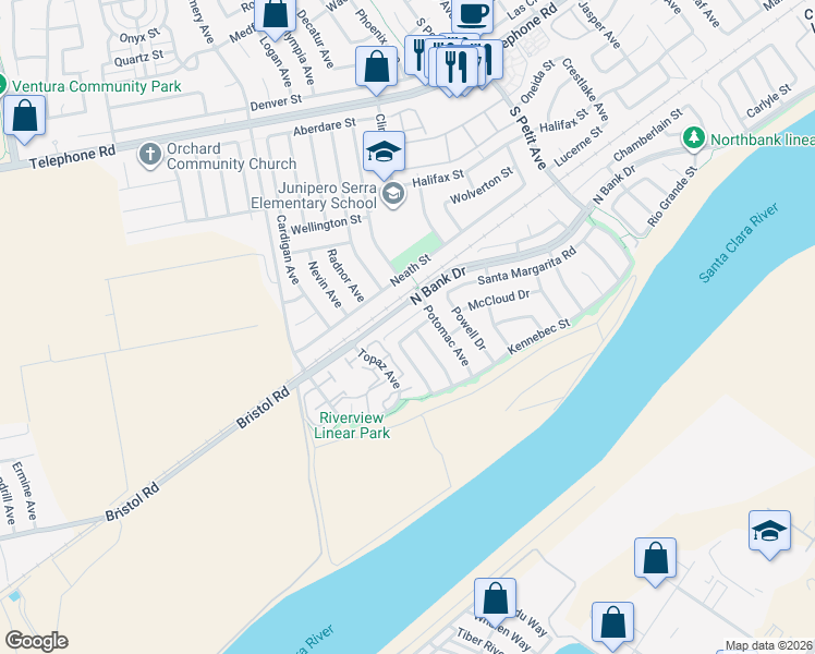 map of restaurants, bars, coffee shops, grocery stores, and more near 8829 Tiber Street in Ventura