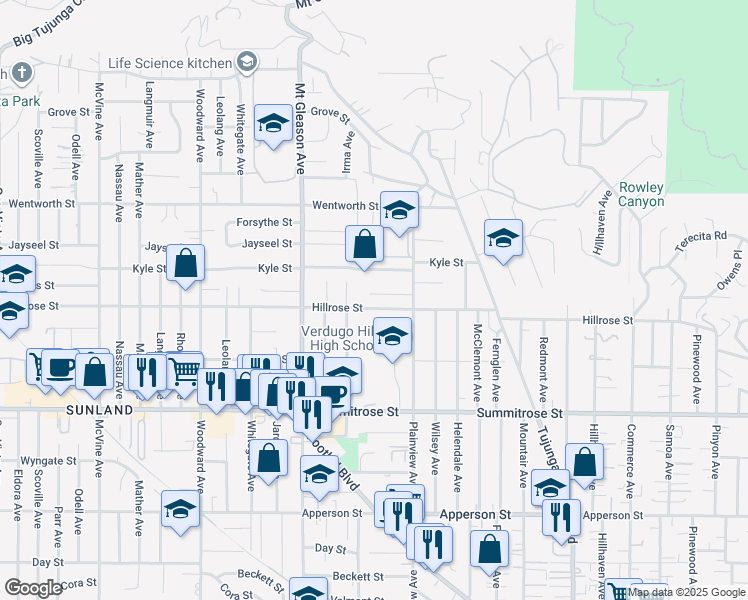 map of restaurants, bars, coffee shops, grocery stores, and more near 7649 Hillrose Street in Los Angeles