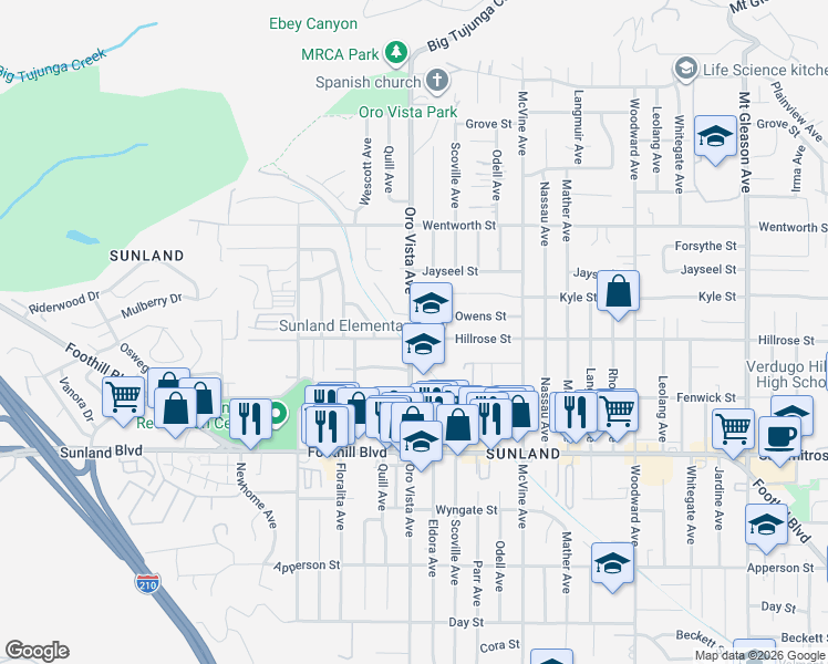 map of restaurants, bars, coffee shops, grocery stores, and more near 10704 Oro Vista Avenue in Los Angeles