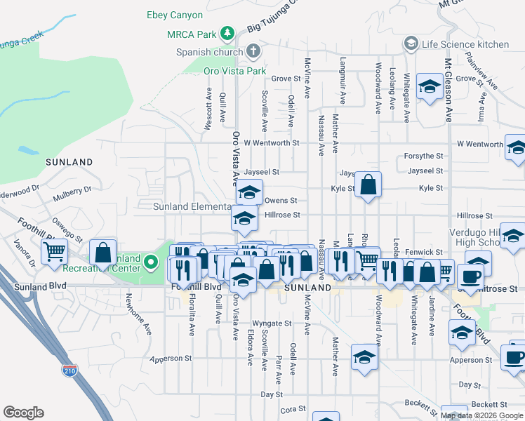 map of restaurants, bars, coffee shops, grocery stores, and more near 8319 Hillrose Street in Los Angeles